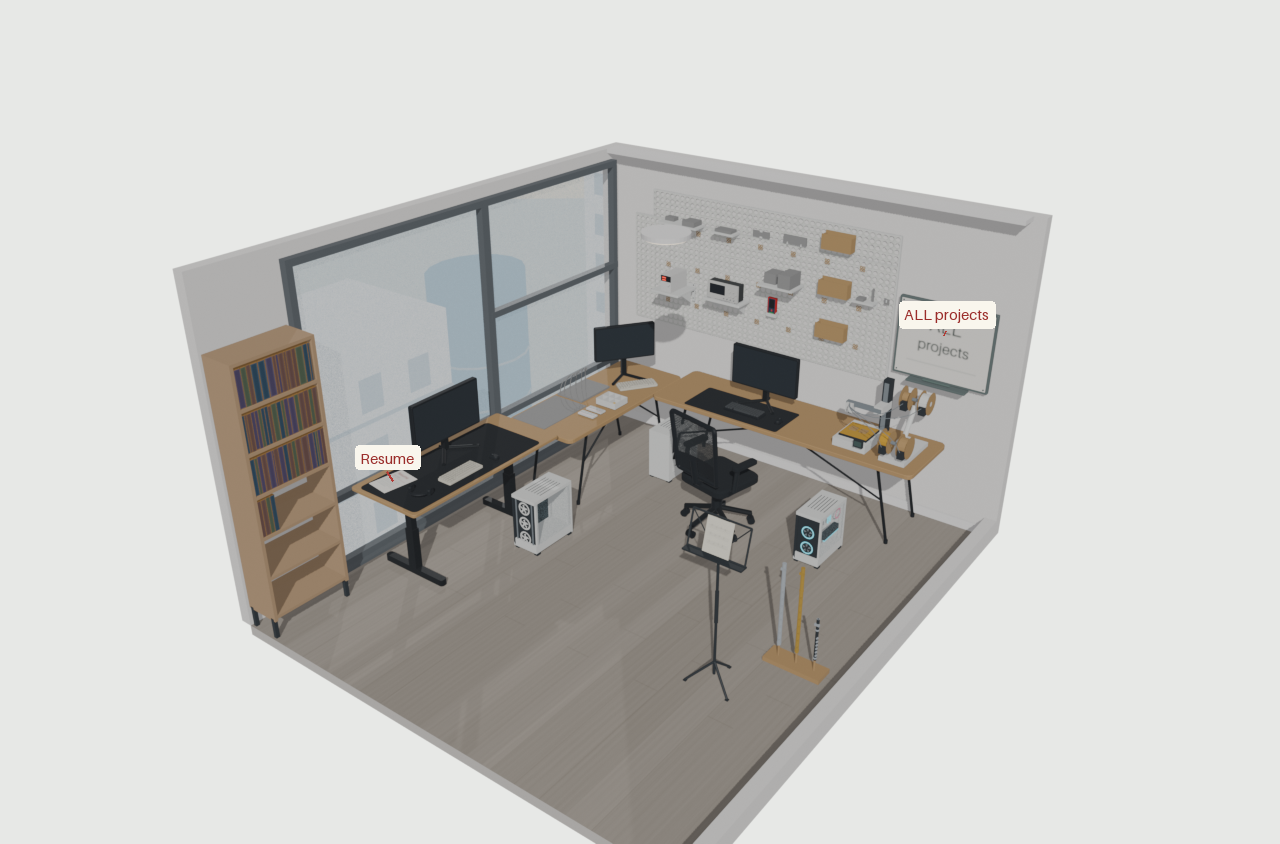 Alex's office scene with the red Resume label pointing to a desk paper and ALL projects above the wall whiteboard. Monitors, computer cases, electronics bench, printer, music stand, virtual bookshelf and tall window surround them.